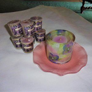 Painted Glass Tumbler on Depression Glass Dish